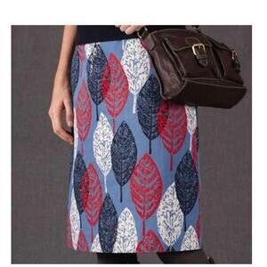 Boden Printed A-Line Pencil Skirt US 8L Red White Blue Leaf Print 100% Cotton